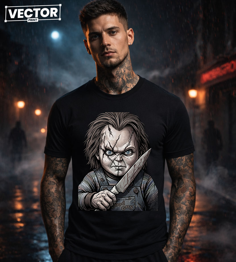 Чоловіча чорна футболка з принтом VECTOR_HORROR_0024