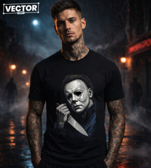 Чоловіча чорна футболка з принтом VECTOR_HORROR_0043