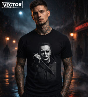 Чоловіча чорна футболка з принтом VECTOR_HORROR_0058