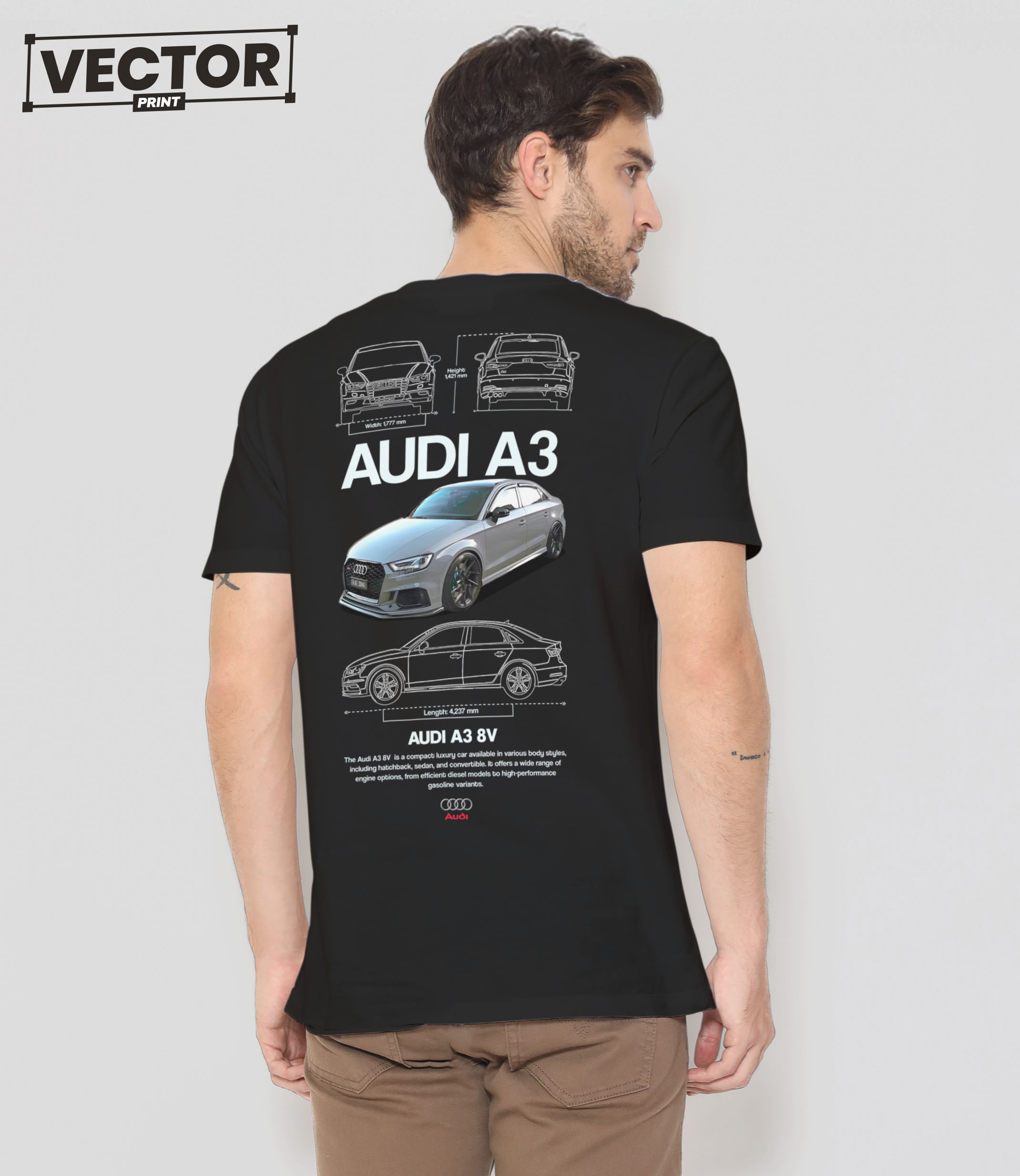 Чоловіча чорна футболка з принтом AUDI A3 V8_17