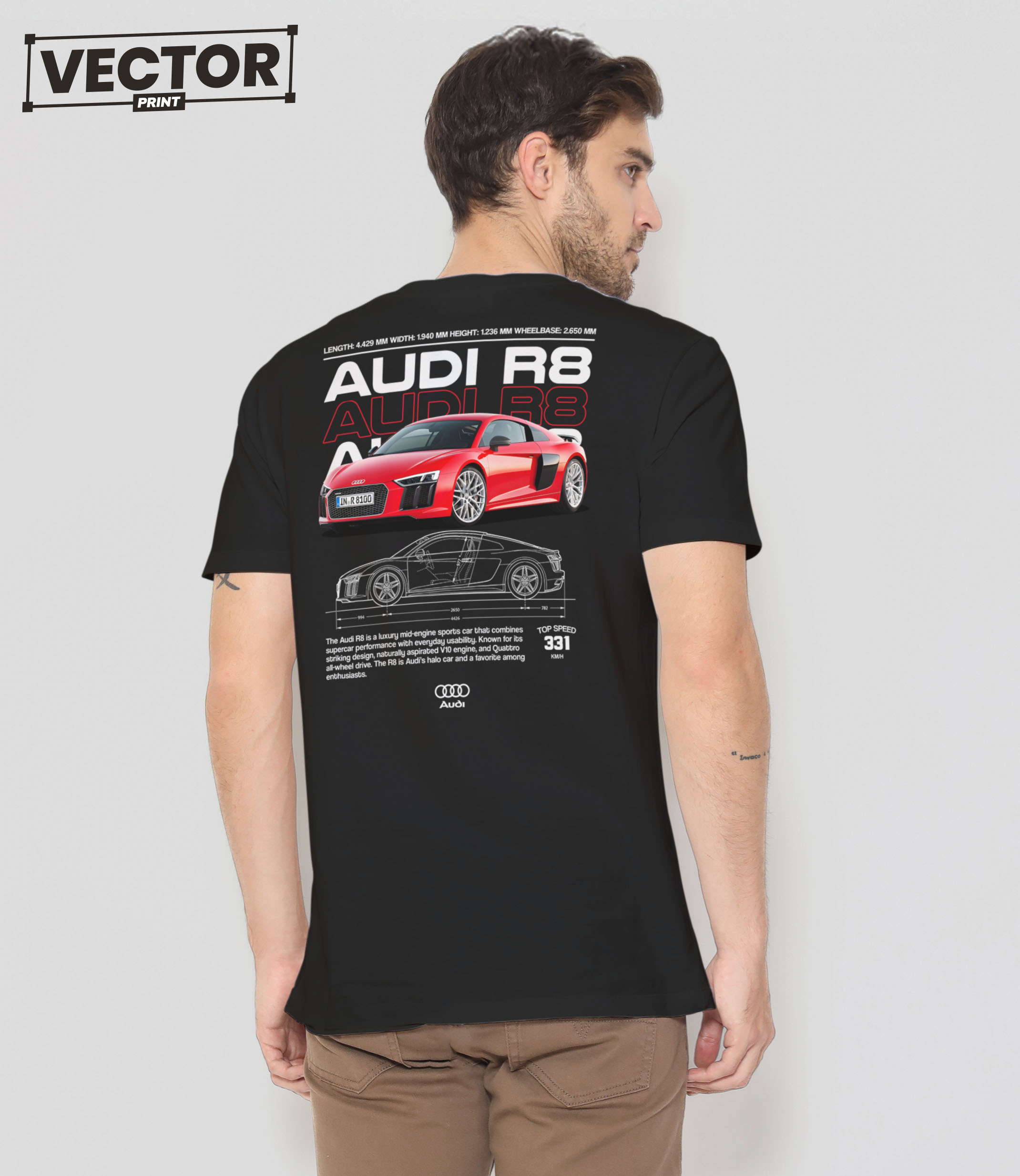 Чоловіча чорна футболка з принтом AUDI R8_24