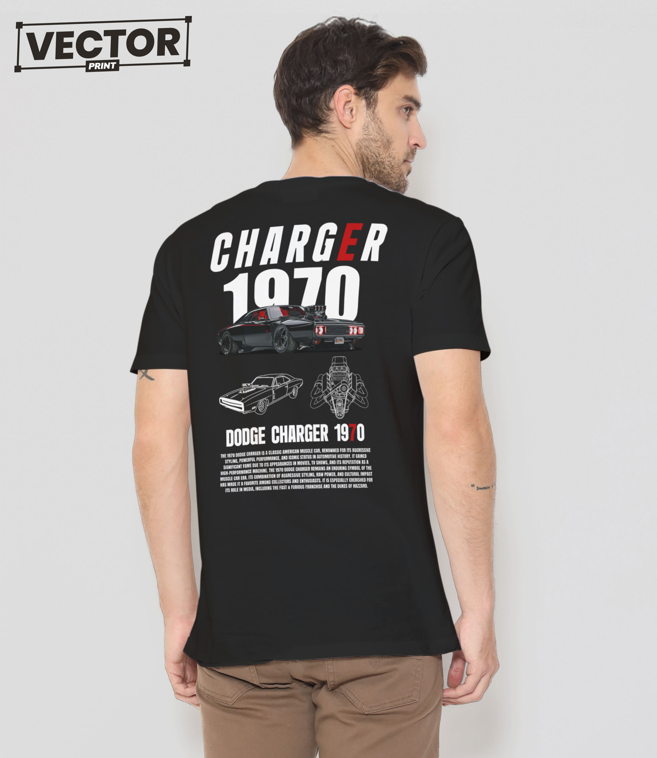 Чоловіча чорна футболка з принтом DODGE CHARGER 1970_32